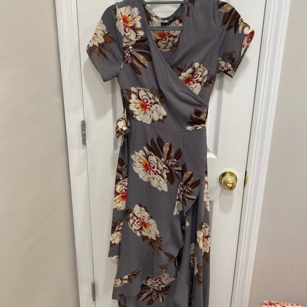 SHEIN Grey Floral Wrap Dress